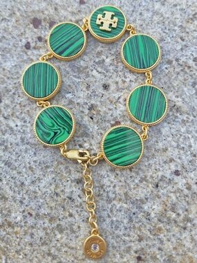 Tory Burch Green Malachite Style Gold Tone Bracelet Medallion Logo